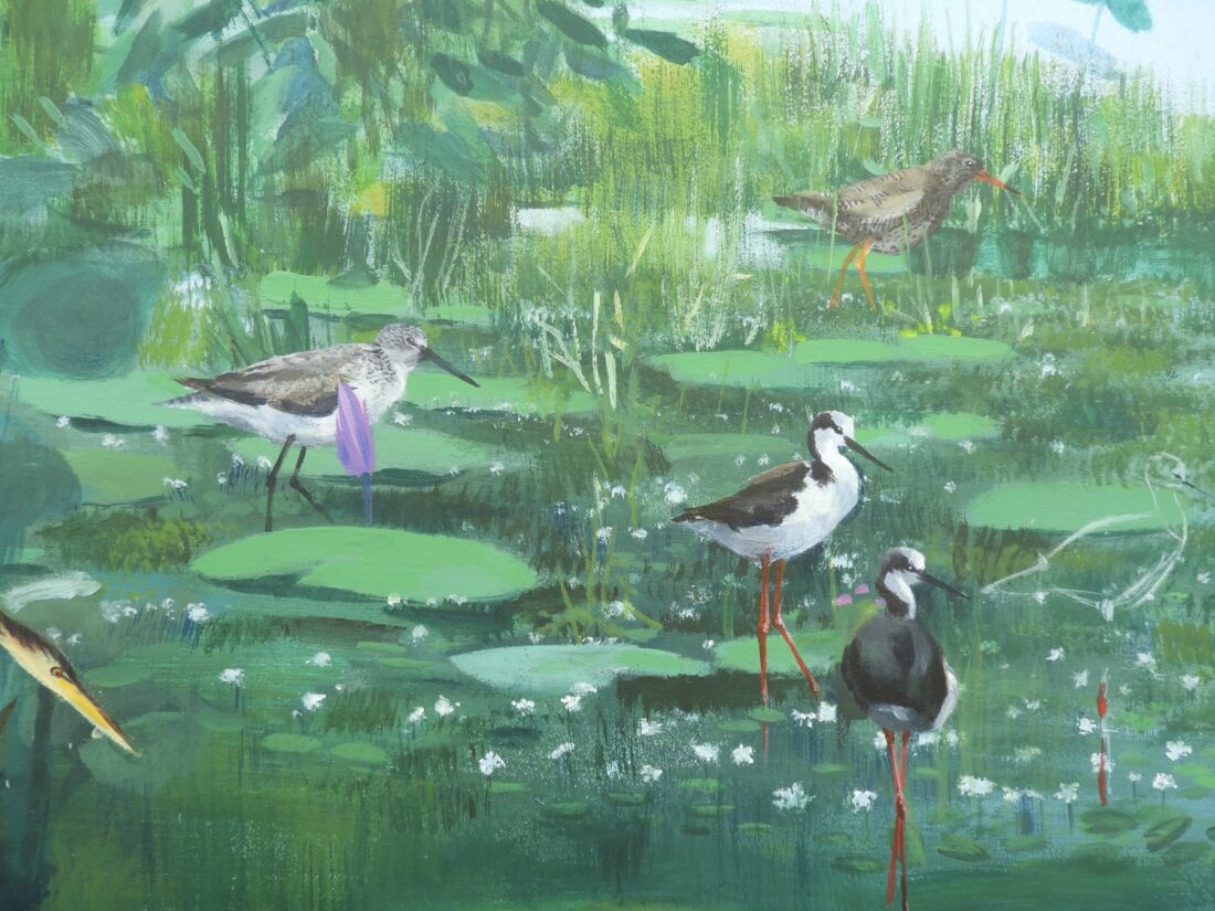 Black-winged stilts and a jacana